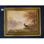 A. BELL, mid 20th Century, a pair of autumnal riverscapes, Stag at waters edge and windmill, oil