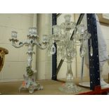 A GLASS THREE-ARMED CANDELABRA, and a continental ceramic four-armed candelabra (2)