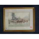 EDWARD VAN GOETHEM, young girl with sheep, watercolour, signed lower left, 20cm x 31cm