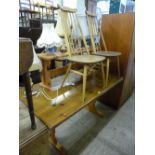 TWO ERCOL BLONDE HIGH BACK CHAIRS, and a pine table (3)