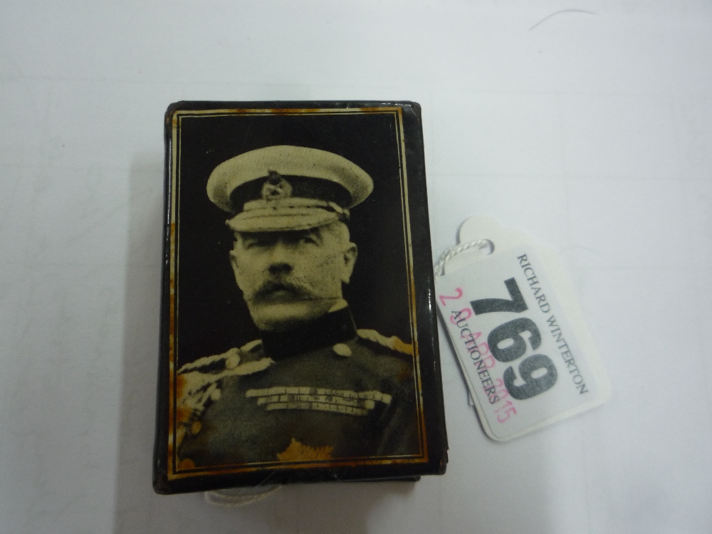 AN EDWARDIAN COMMORATIVE MATCHBOX COVER, circa, 1916, with a portrait and dedication to Earl