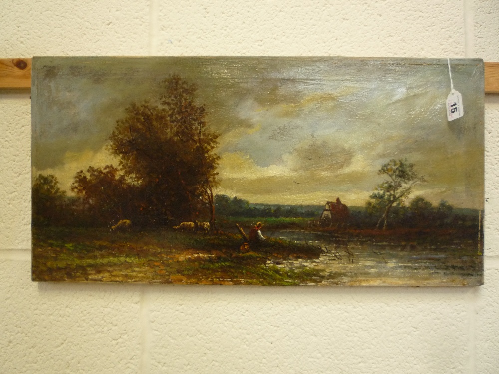 ENGLISH SCHOOL, mid 19th Century, rural riverscape with fisherman and cottage with sheep grazing,