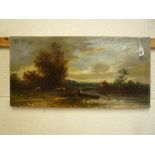 ENGLISH SCHOOL, mid 19th Century, rural riverscape with fisherman and cottage with sheep grazing,