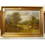 ENGLISH SCHOOL, 19th Century, rural meadow with sheep and shepherd, a cottage amid trees, oil on