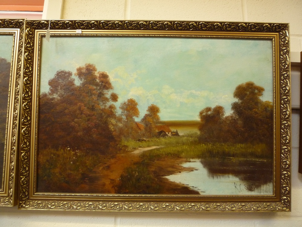 R. C. SMITH, a pair of rustic landscapes, opposing views of the same pond with cottages and trees,