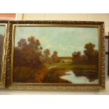 R. C. SMITH, a pair of rustic landscapes, opposing views of the same pond with cottages and trees,