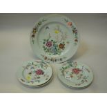 A GROUP OF CHINESE FAMILLE ROSE PLATES, late Qianlong, including three with matching peony and
