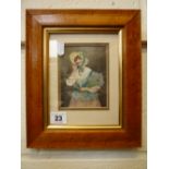 BRITISH SCHOOL, late 19th Century, a watercolour and woven silk picture of a rustic maid holding a