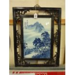 A CHINESE BLUE AND WHITE PORCELAIN PANEL, Republic period, decorated with a misty mountain view with