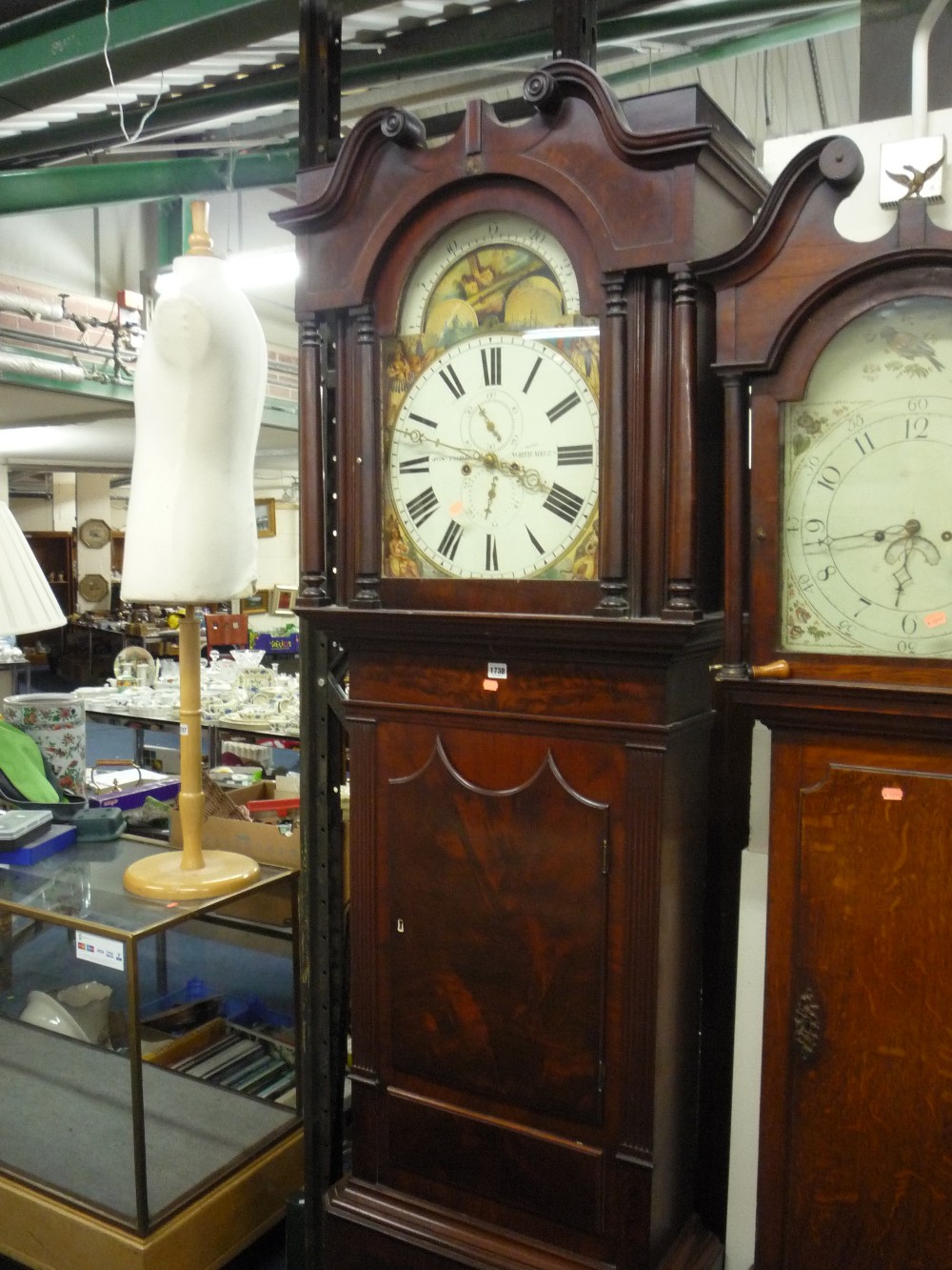 A 19TH CENTURY MAHOGANY LONGCASE CLOCK, eight day movement, the painted arched face stamped Jos H