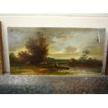 ENGLISH SCHOOL, mid 19th Century, rural riverscape with fisherman and cottage with sheep grazing,