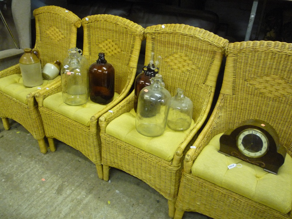 SIX VARIOUS SIZED DEMI JOHNS, three other jars and a mantle clock (10)