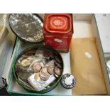 THREE TINS CONTAINING BRITISH AND WORLD COINS, to include amounts of silver coinage, Netherlands .