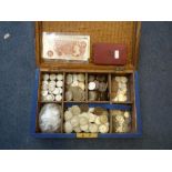 A PERIOD BEADED BOX CONTAINING MAINLY SILVER COINS, to include over three kilos of pre 1947 3d