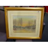 BRITISH SCHOOL, 20th Century, winter landscape with lake and trees at sunset, watercolour, signed WB