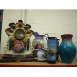 A CERAMIC CASED MANTEL CLOCK, various vases, wash set etc