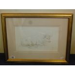 BULL LYING DOWN, framed 19th Century study in pen and sepia by Frederick Goodall R.A H.R.I.