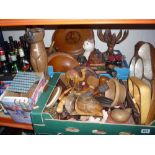 TWO BOXES OF WOODEN ORNAMENTS, DISHES, CUCKCOO CLOCK, etc