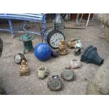 A QUANTITY OF GARDEN ORNAMENTS, including a hanging wall clock, lantern and a quantity of figures