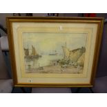 BRITISH SCHOOL, early 20th Century, fishing port with ships and figures, watercolour, unsigned, 30cm