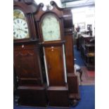 A GEORGIAN OAK AND MAHOGANY LONGCASE CLOCK, eight day movement, painted arched face (pendulum, two
