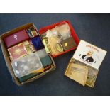 A BOX AND TIN OF WORLD COINS, to include proof set silver commemoratives USA, Isle of Man, Rusia