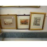 THREE FRAMED PAINTINGS, Country Lovers, pen and ink, Leicesters Hospital, gouache, T.Waghorn,