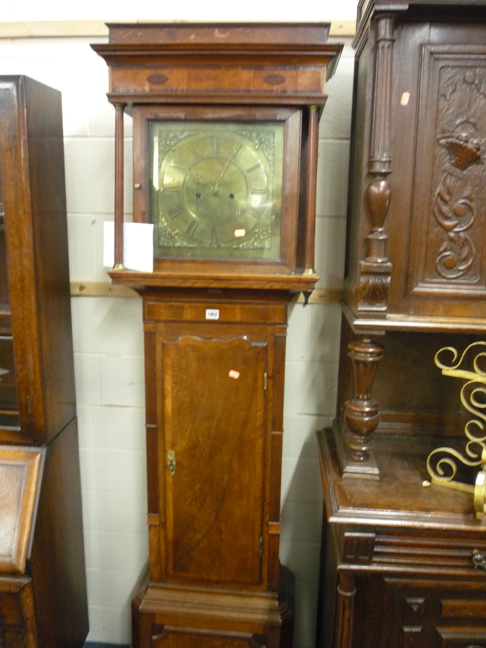 A GEORGIAN OAK AND MAHOGANY GRANDFATHER CLOCK, eight day movement square brass face marked Snape