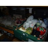 TWO BOXES AND LOOSE CERAMICS, BOXED CABINET PLATES, MANTEL CLOCK, GLASSWARES, FACE POTS, etc