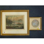 KIRKPATRICK, JOSEPH, coloured etching rural landscape with church at sunset, signed lower right,