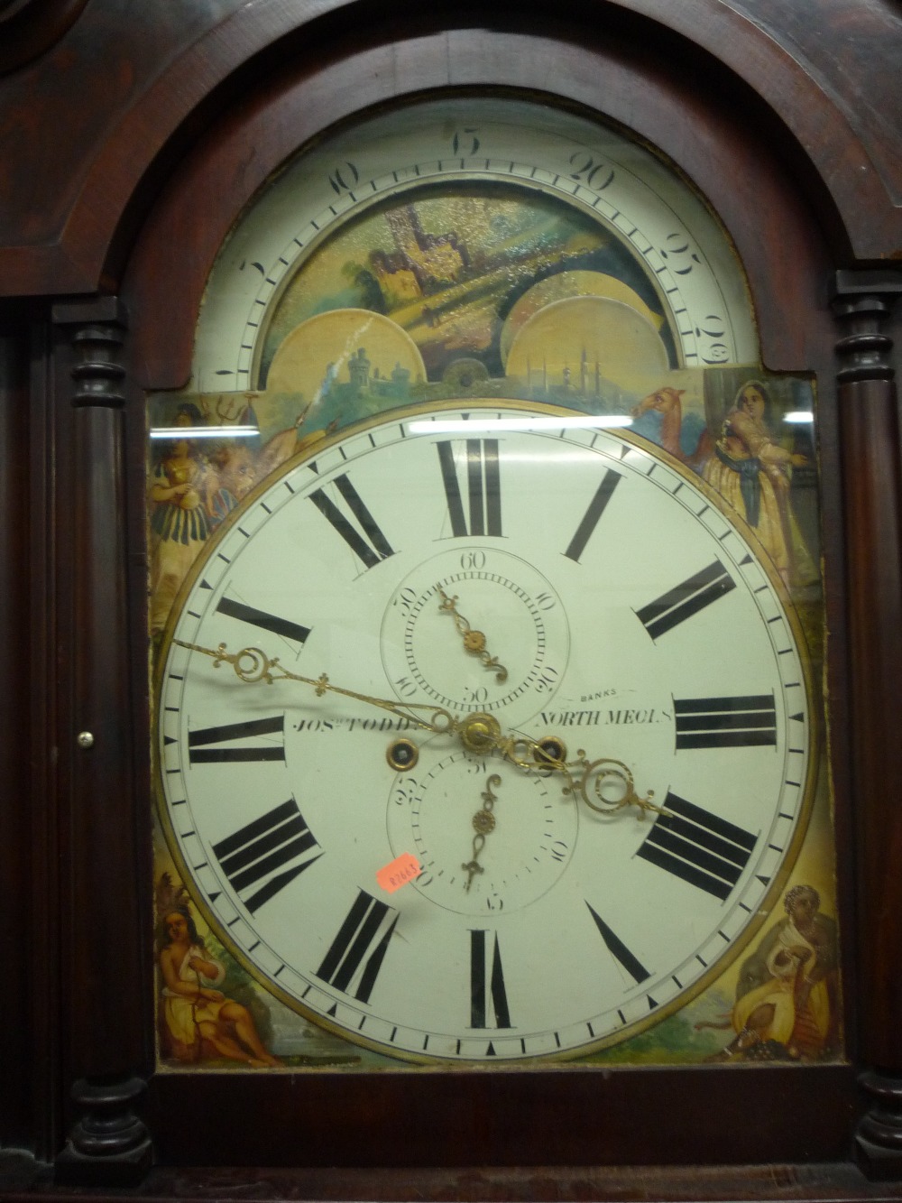 A 19TH CENTURY MAHOGANY LONGCASE CLOCK, eight day movement, the painted arched face stamped Jos H - Image 2 of 3