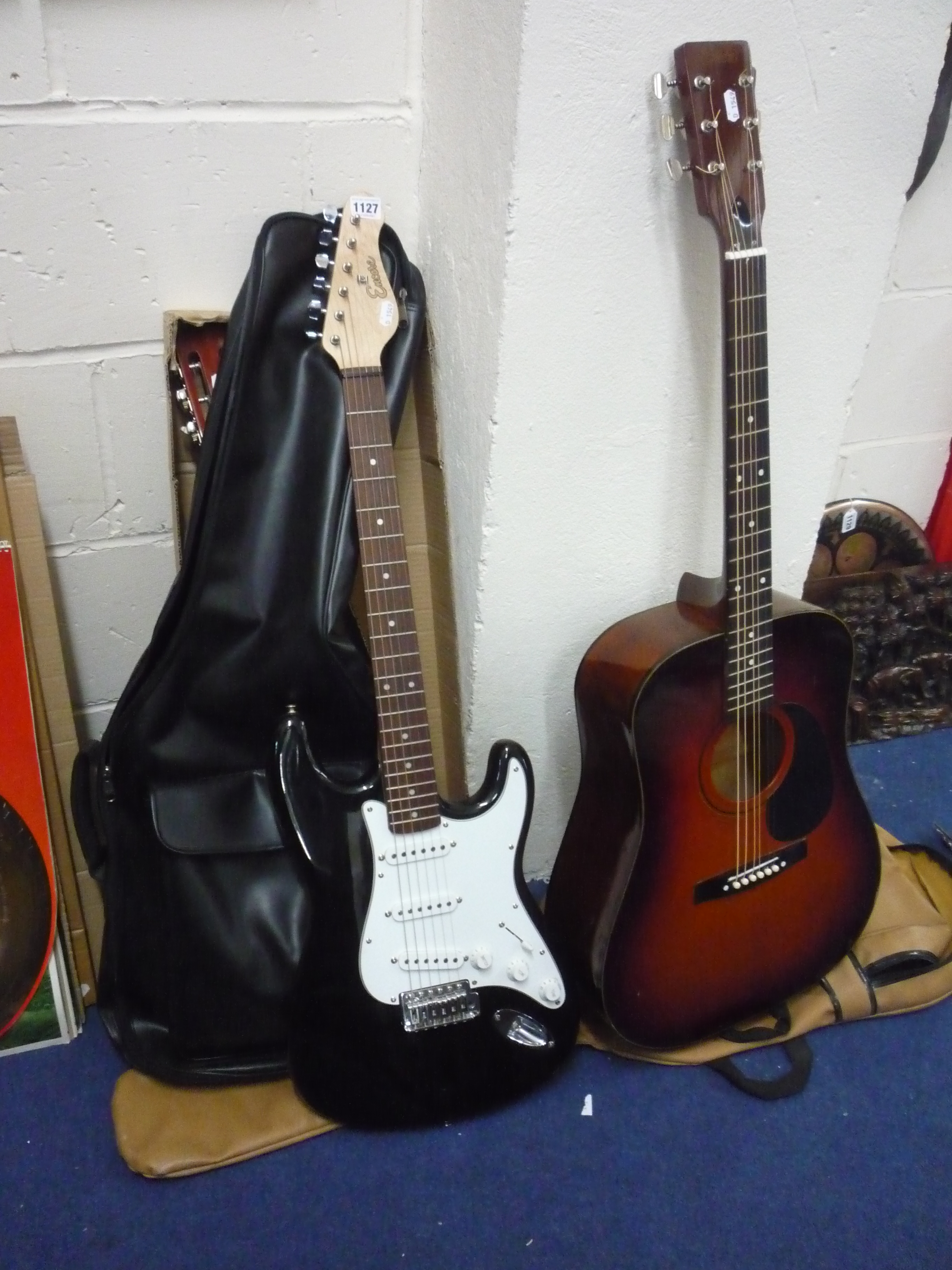 AN ENCORE ELECTRIC GUITAR, an Encore accoustic guitar and a classic guitar (3)