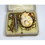 A COLLECTION OF JEWELLERY, to include a cameo of Hebe and the Eagle, two brooches, two pendants, a