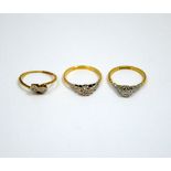 THREE DIAMOND RINGS, to include two single stone diamond rings and a two stone diamond ring with