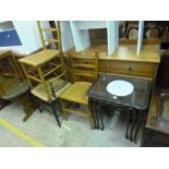 A MAHOGANY NEST OF THREE TABLES, oak rush seated armchair and two other chairs (4)