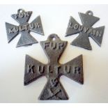 THREE CRUDELY MADE IRON CROSSES WWI PERIOD, British Propaganda 'For Kultur' one larger than the