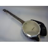 A CASED GRAFTON FIVE STRING BANJO, with rosewood fingerboard and mother of pearl inlays and a stand