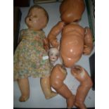 TWO BRITISH MADE COMPOSITION DOLLS, both have wear and damage, with a small bisque dolls head,