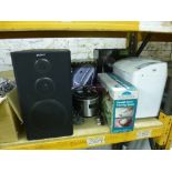 A BOXED AIR PURIFIER, two Sony speakers, shredder, bread maker etc (7)