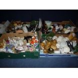FOUR BOXES OF ORNAMENTS, FEEDER CUPS, PRESERVE POTS, etc