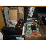 TWO BOXES AND LOOSE CAMERA ACCESSORIES, CARD GAMES, TAMRAC EXEPEDITION BAG, PROJECTOR SCREENS, etc