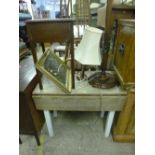 A PINE DROP LEAF TABLE, sewing box , two various lamps and a mirror (5)