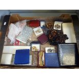 A TRAY OF MIXED JEWELLERY, and other items, to include an aluminium cigarette case, brooches,