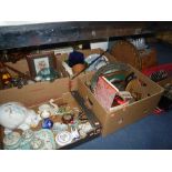 FIVE BOXES AND LOOSE CERAMICS, GLASS, FLATWARE, HANDBAGS, PICTURES, etc, to include Scientific