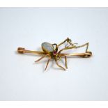 AN EARLY TWENTIETH CENTURY BROOCH, depicting a spider, with oval shape opal body and ruby head to