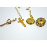 A COLLECTION OF JEWELLERY, to include a brooch, a cross pendant necklace and two lockets (s.d.)