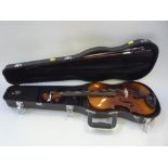 A VIOLIN AND BOW, in a hard shell case