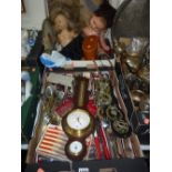 TWO BOXES OF FLATWARE, BAROMETER, BINOCULARS, DOLLS, HANDBAGS, HORSE BRASSES, etc