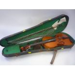 A CASED BRETON BREVETE VIOLIN, with one piece top and back including bow