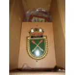 A BOX CONTAINING NINE MILITARY PRESENTATION/DISPLAY PLAQUES, all on wooden shield designs, Royal